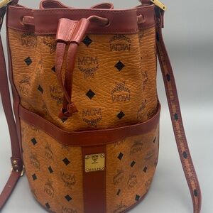 MCM Red and Tan Logo Bucket Bag with COA
